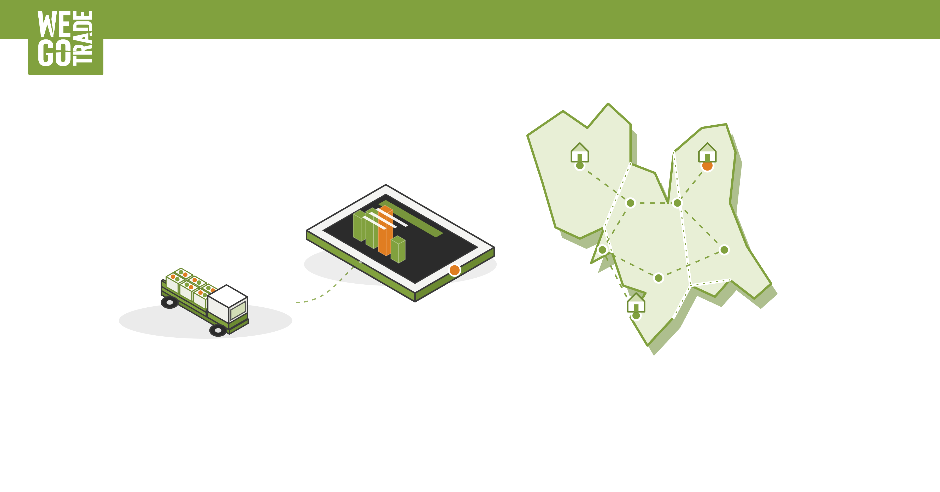 Isometric illustration showing a delivery truck, a tablet with a bar chart, and a regional distribution map with connected locations — representing WEGOTRADE's order and delivery management platform. 
