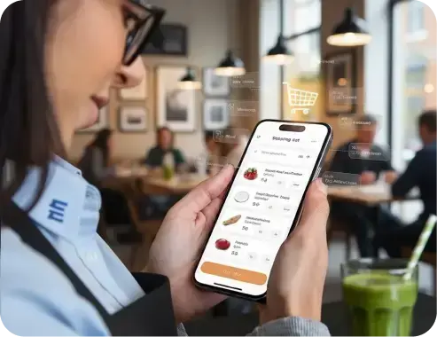 Gérante de restaurant utilisant l'application mobile WEGOTRADE pour passer une commande B2B, avec l'interface de commande en ligne visible à l'écran