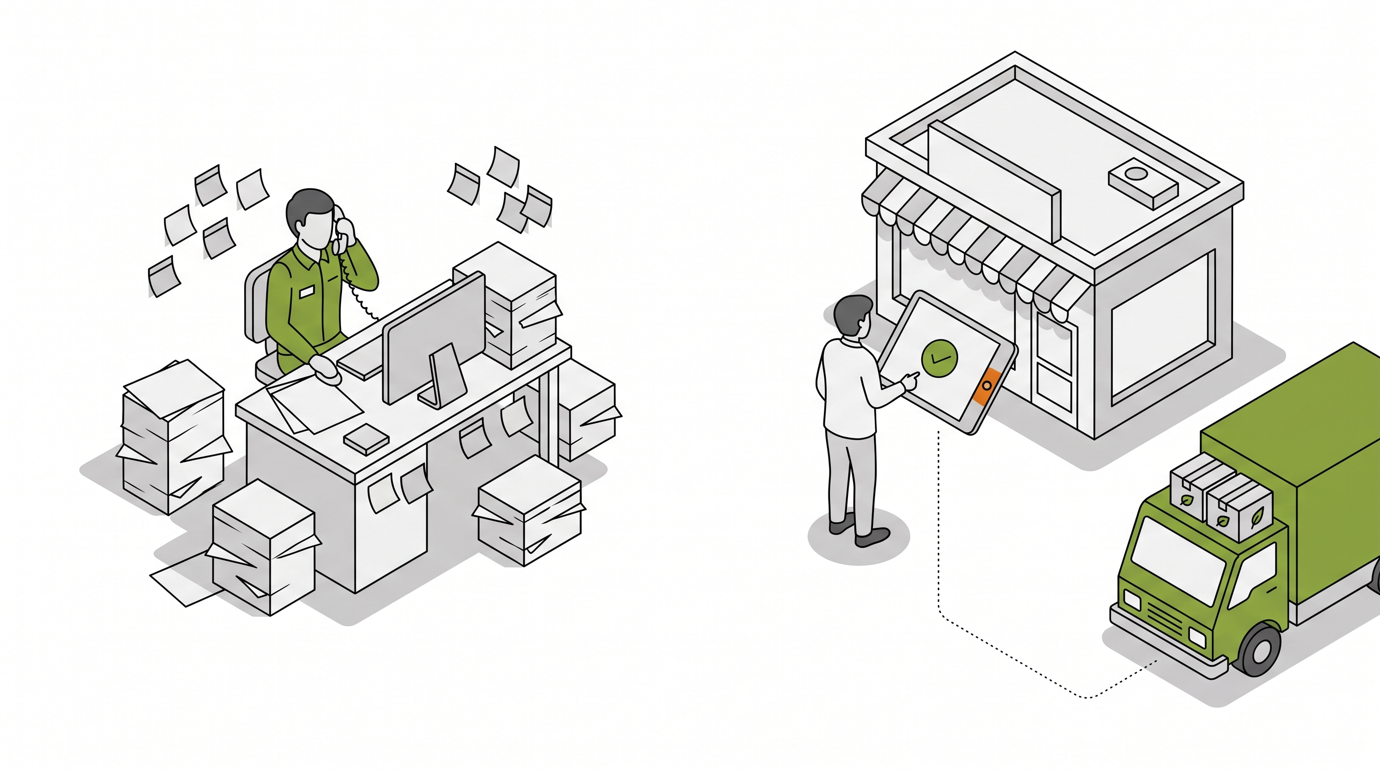  Illustration d'un poste de commande envahi de papier et d'appels téléphoniques, à côté d'un client qui passe une commande en libre-service sur tablette, avec un camion de livraison prêt à l'exécuter. 