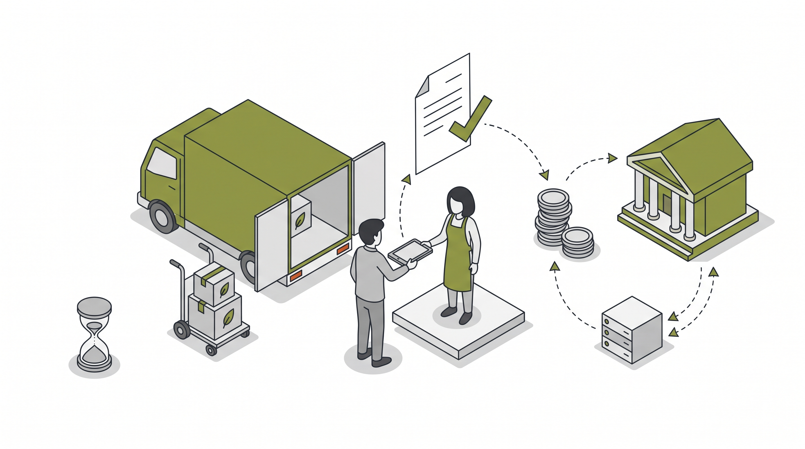  Illustration d'un livreur qui tend une tablette au réceptionnaire, avec une facture payée qui file vers des pièces et une banque synchronisée à l'ERP. 